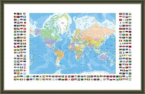 Alonline Art - דגלים מודרניים פוליטיים מס '1 לפי מפת העולם | תמונה ממוסגרת ירוקה מודפסת על בד כותנה,